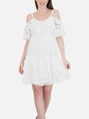 Robbie Bee White Cold-Shoulder Lace Tiered Dress